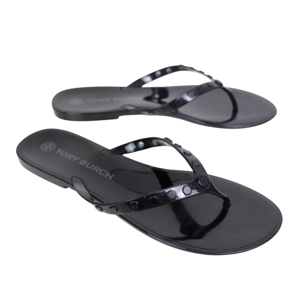 Tory Burch BLACK PVC FLAT BEACH SHOES FLIP FLOPS TONG SANDALS Sz 11
